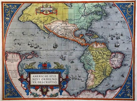 Abraham Ortelius Map of Americae Sive Nova Descriptio on an oval projection,1587 or later, Theatrum Orbis Terrarum Latin edition 14.5